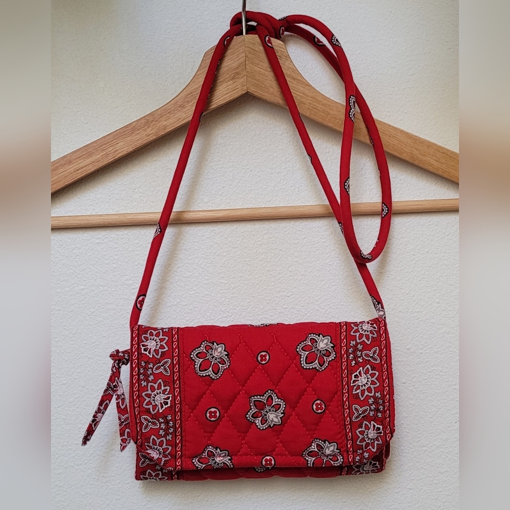 Vera Bradley Quilted Trifold Wallet w/ Crossbody Strap, Red Bandana Pattern